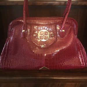 Iman Deep Red Crocodile Embossed Patent Purse.